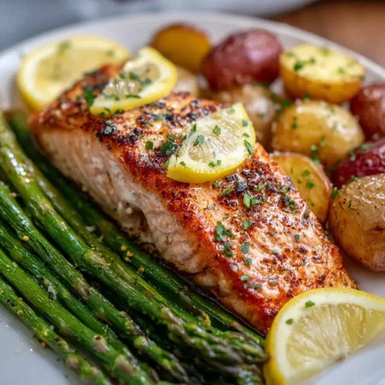 Garlic Butter‑Roasted Salmon with Potatoes & Asparagus