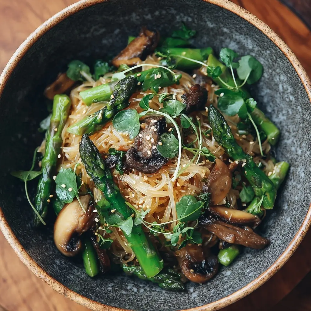 Hot Sesame Rice Noodles with Asparagus, Shiitakes and Pea Shoots