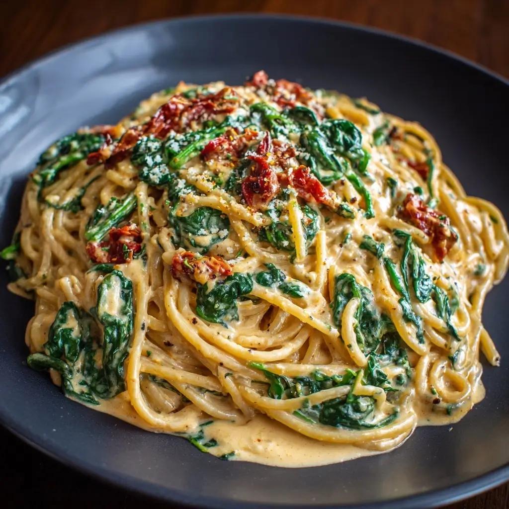 Spaghetti & Spinach with Sun‑Dried Tomato Cream Sauce