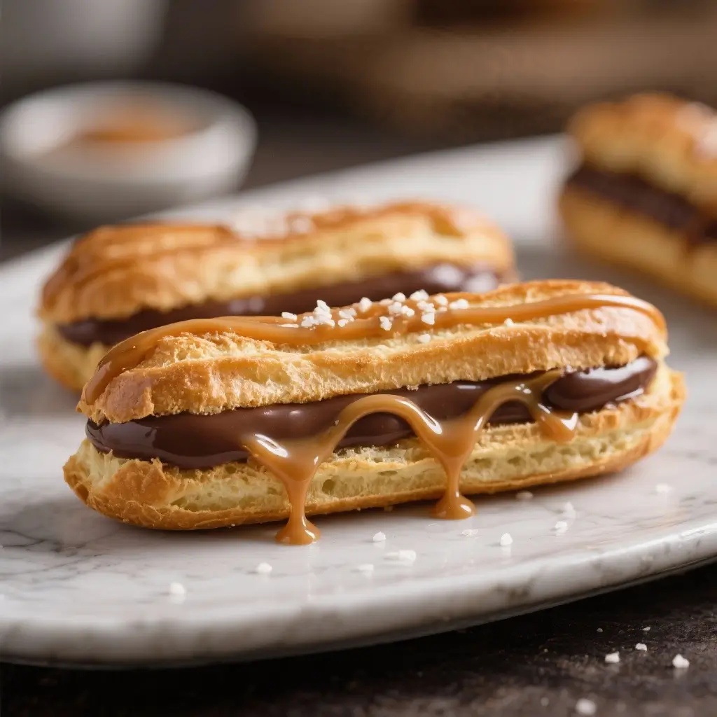 Mini Chocolate Eclairs with Salted Caramel Filling