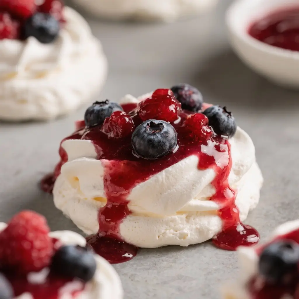 Mini Pavlovas with Mixed Berry Sauce