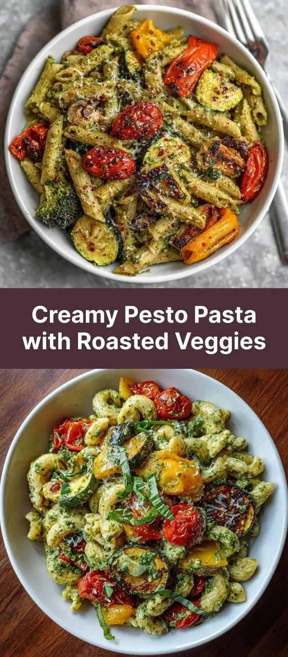 Creamy Pesto Pasta with Roasted Veggies