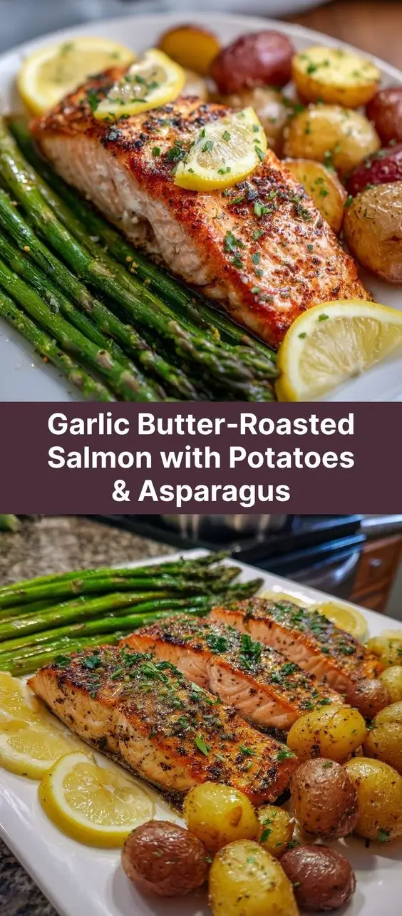 Garlic Butter‑Roasted Salmon with Potatoes & Asparagus