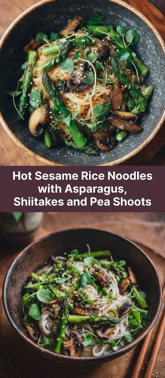 Hot Sesame Rice Noodles with Asparagus, Shiitakes and Pea Shoots