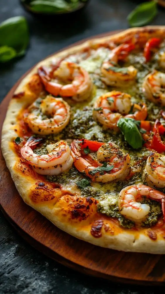 Pesto pizza with prawns and roasted capsicum