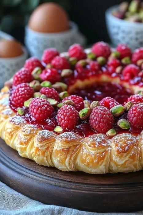 Raspberry pistachio pastry tart