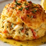 Crab stuffed cheddar bay biscuit with a lemon butter sauce