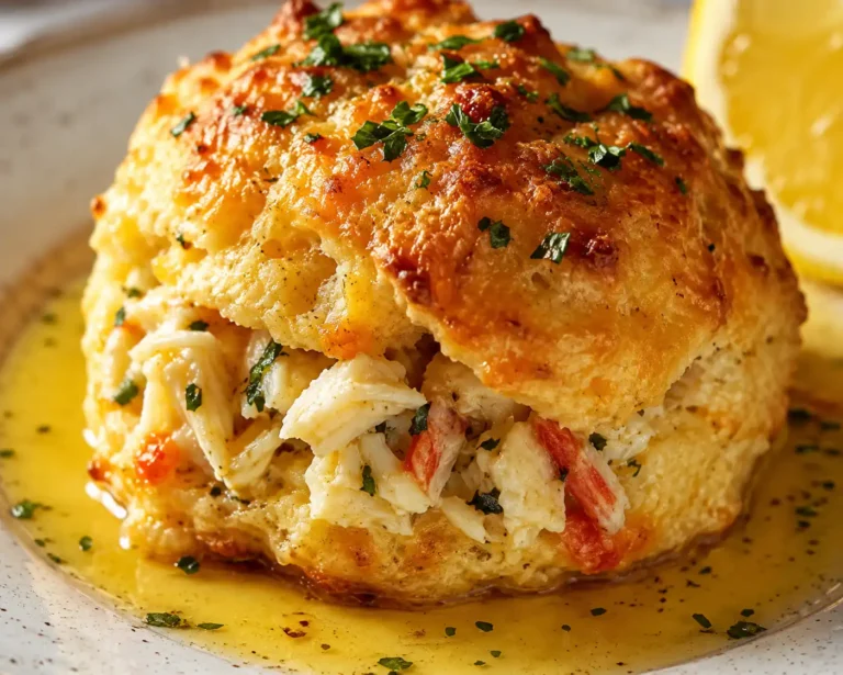 Crab stuffed cheddar bay biscuit with a lemon butter sauce