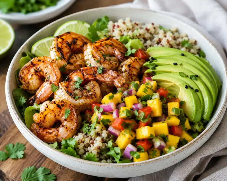 Healthy Grilled Shrimp & Avocado Bowls with Mango Salsa