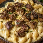 Indulgent Garlic Butter Steak Bites Over Creamy Alfredo Pasta Shells