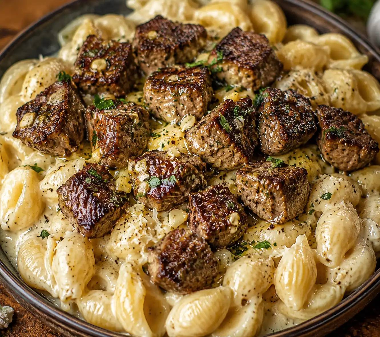 Indulgent Garlic Butter Steak Bites Over Creamy Alfredo Pasta Shells